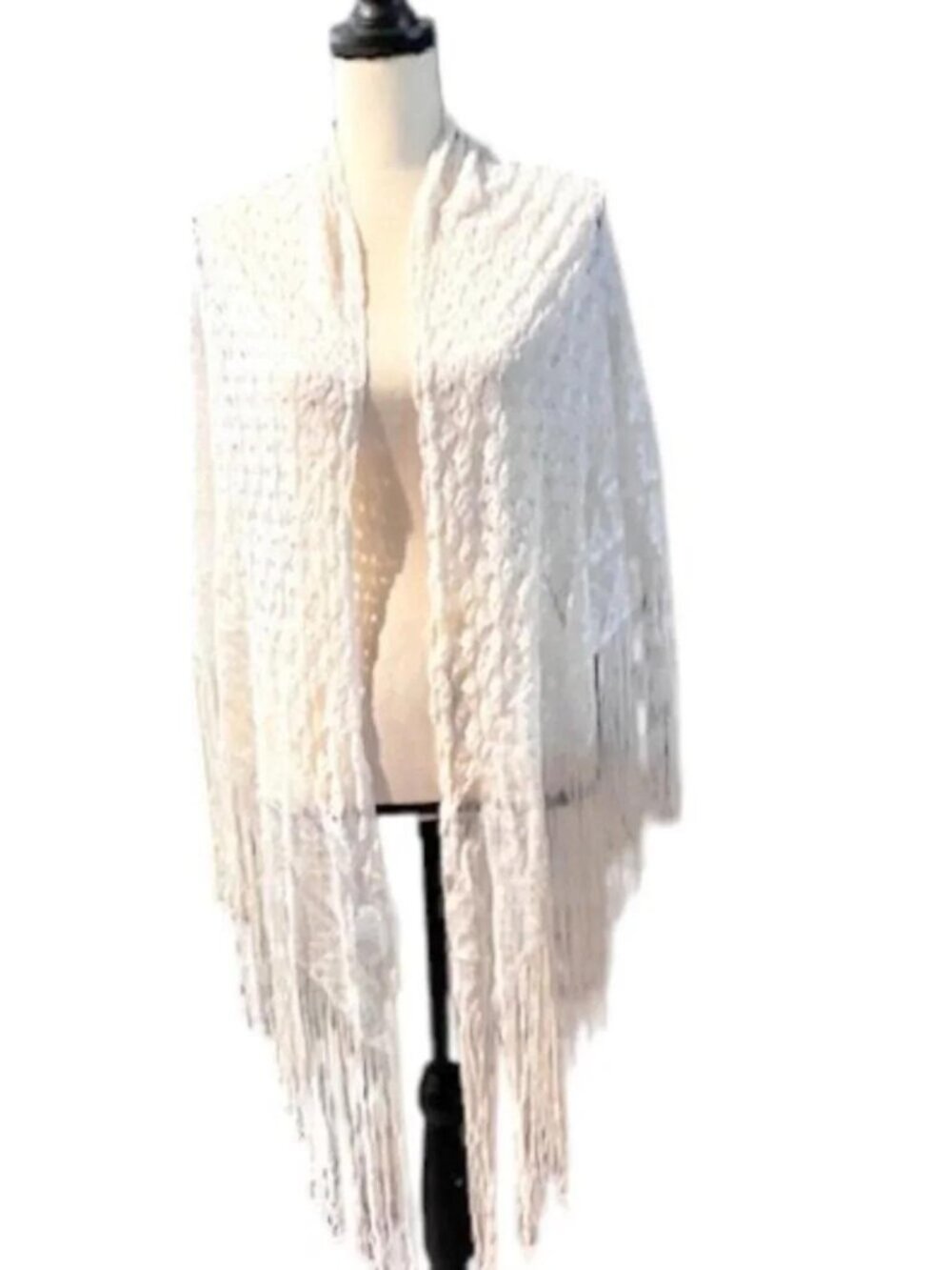 Vintage Off White Delicate Crocheted Shawl with Fringe